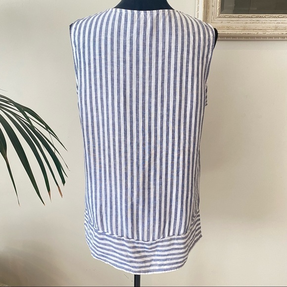 ELLEN TRACY Striped Linen Relaxed Blouse White Blue with Gold Shoulder Detail L - Picture 12 of 13